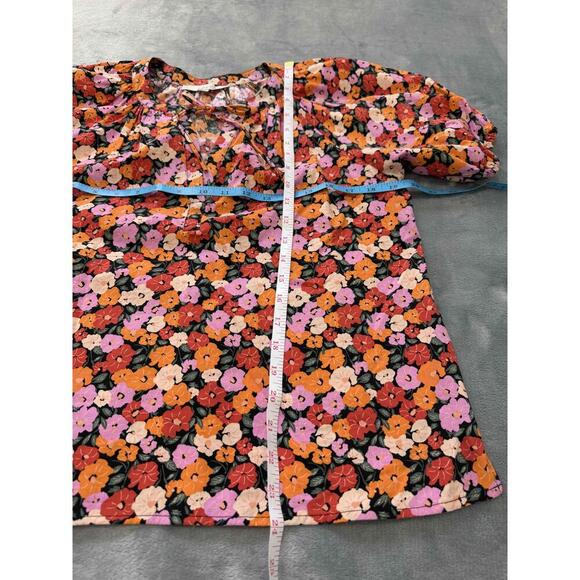 LOFT Brown Floral Puff Sleeve Peasant Blouse Keyhole With Tie Petite Medium - Picture 6 of 7